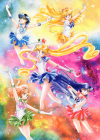 Clean artwork of the first 5 volumes of the Pretty Guardian Sailor Moon All-Colour Kanzenban. It features Sailor Moon in
the middle, holding a red rose in each hand along with her crescent wand in her right hand, a pink starry background behind her.
To the upper left is Sailor Mercury, her arms stretched up and out on either side, a blue starry background behind her. To the
upper right is Sailor Venus, her left arms stretched out, her right hand held out in front of her toward the viewer, a yellow
starry background behind her. To the bottom right is Sailor Mars, her arms parallel to her chest with open hands, a red starry
background behind her. To the bottom left is Sailor Jupiter, her left arm out and downward, her right arm up over her head,
hands open, a green and green starry background behind her. All 5 girls are smiling and happy.